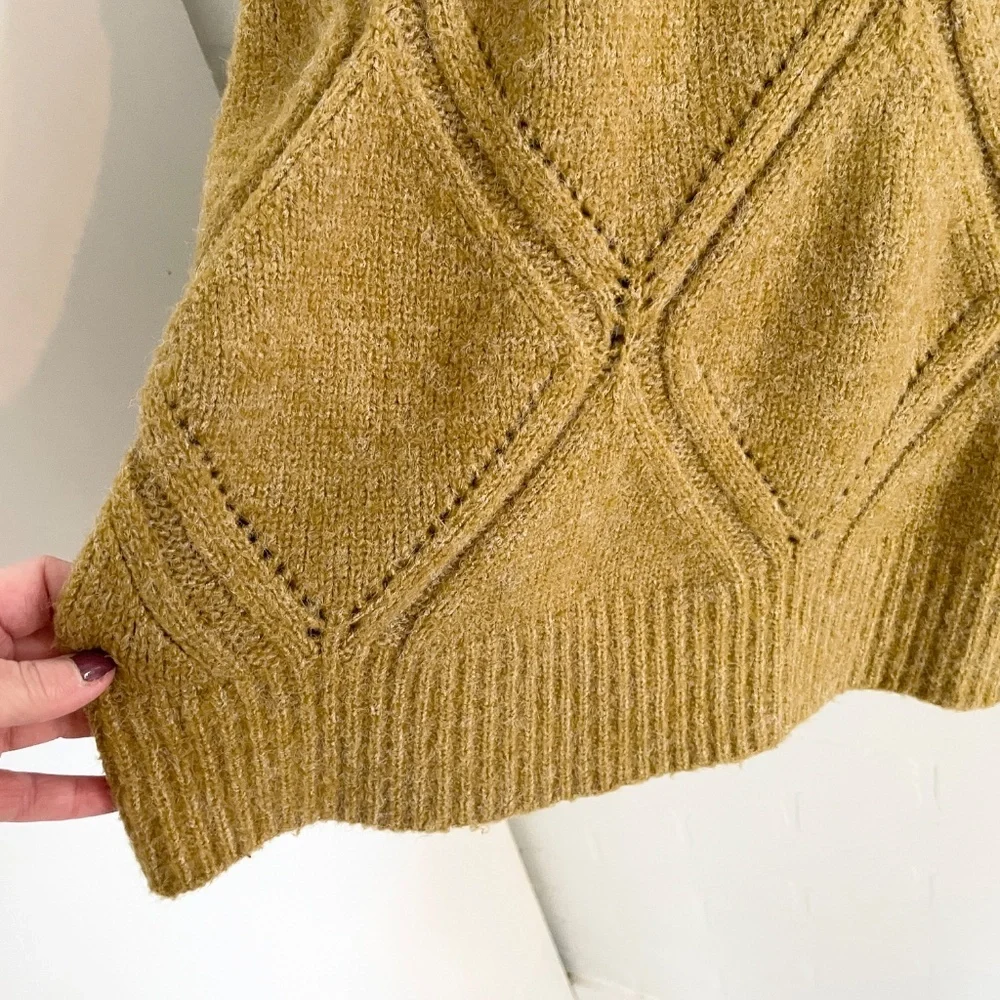 Anthropologie X ICHI Diamond Cable Knit Sweater Chunky Oversized Mustard Sz M - Picture 4 of 14
